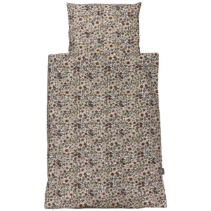 Baby sengelinned, dess. 1236 hvid m/ store røde og beige blomster